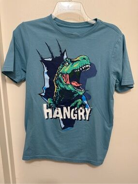 wonder nation Teal Tee with Green Dinosaur "HANGRY" Graphic